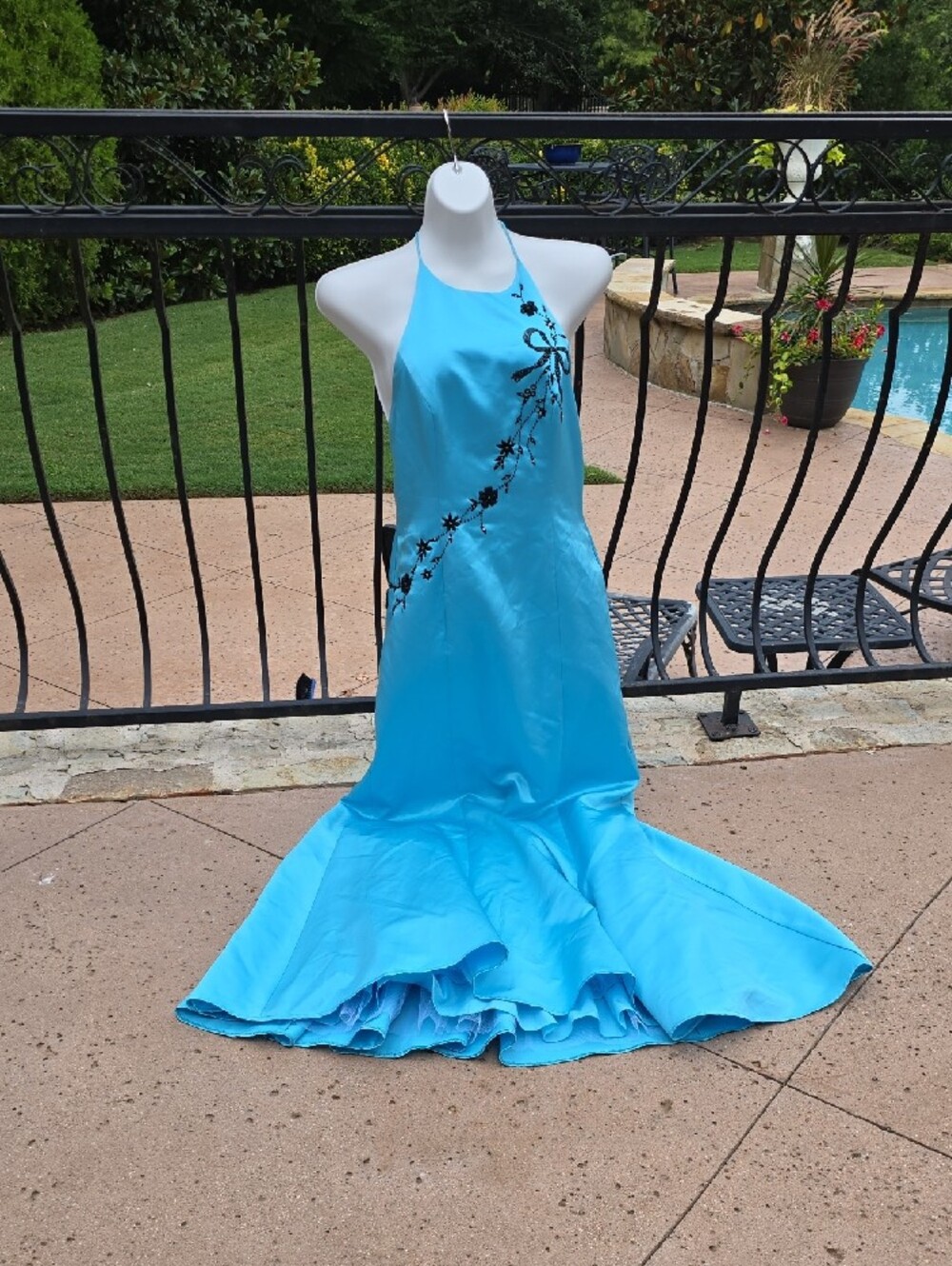 Aqua Blue Halter Evening Gown with Black Embroidery & Beading